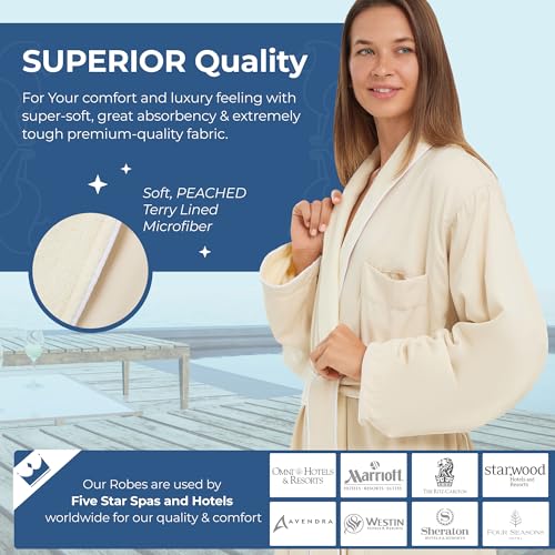 MONARCH Terry Lined Microfiber Hotel Robe for Men and Women – Soft Lightweight Textured Fabric with Classic Design, Generously Sized Hotel & Spa Robe with Pockets – Machine Washable (Natural, Small) - Image 3