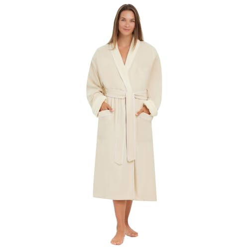 MONARCH Terry Lined Microfiber Hotel Robe for Men and Women – Soft Lightweight Textured Fabric with Classic Design, Generously Sized Hotel & Spa Robe with Pockets – Machine Washable (Natural, Small) - Image 1