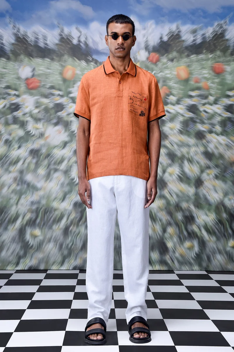 Genes Lecoanet Hemant  Dark Caramel Linen Polo for Men | Best Price UAE