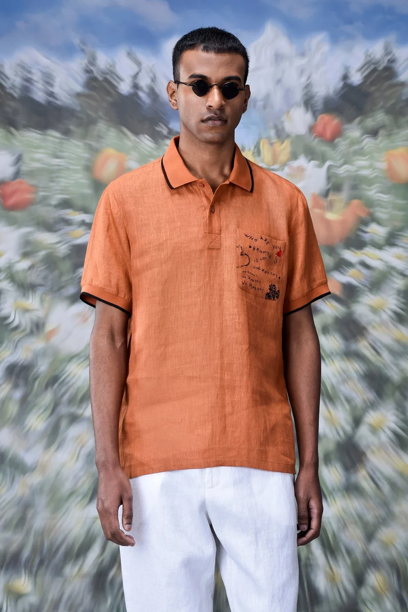 Genes Lecoanet Hemant  Dark Caramel Linen Polo for Men | Best Price UAE