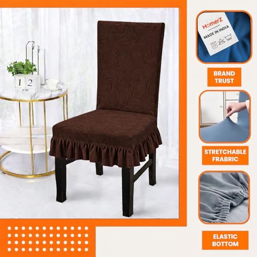 Homerz Premium Pack of 6 Stretchable Dining Chair Cover with Frill Skirt | Embossed Geometric Printed Elastic Chair Seat Protector Slipcover (Brown, Pack of 6) - Image 2