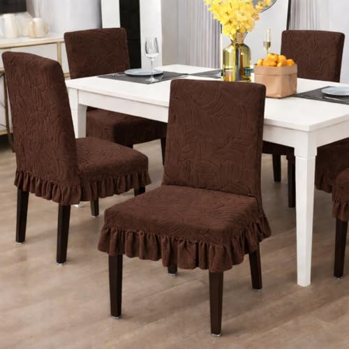 Homerz Premium Pack of 6 Stretchable Dining Chair Cover with Frill Skirt | Embossed Geometric Printed Elastic Chair Seat Protector Slipcover (Brown, Pack of 6) - Image 1
