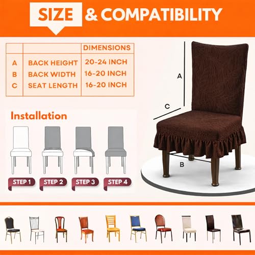 Homerz Premium Pack of 6 Stretchable Dining Chair Cover with Frill Skirt | Embossed Geometric Printed Elastic Chair Seat Protector Slipcover (Brown, Pack of 6) - Image 5