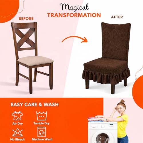 Homerz Premium Pack of 6 Stretchable Dining Chair Cover with Frill Skirt | Embossed Geometric Printed Elastic Chair Seat Protector Slipcover (Brown, Pack of 6) - Image 3