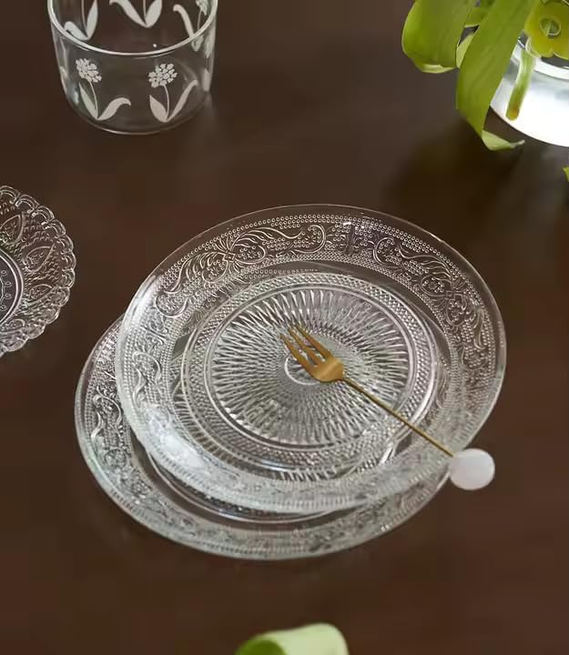 Glassware أطباق زجاجية 7 بوصة من الزجاج الشفاف - أطباق خفيفة، طبق تقديم دائري من الزجاج الشفاف، أدوات مائدة عتيقة مزخرفة لمناسبات تقديم الطعام، حفلات العشاء، الزفاف (6 قطع) (شفاف) - Image 2