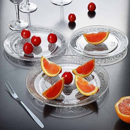 Glassware أطباق زجاجية 7 بوصة من الزجاج الشفاف - أطباق خفيفة، طبق تقديم دائري من الزجاج الشفاف، أدوات مائدة عتيقة مزخرفة لمناسبات تقديم الطعام، حفلات العشاء، الزفاف (6 قطع) (شفاف) - Image 5