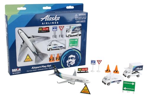 Daron Alaska Airlines Airport Playset with DieCast Metal Model Airplane with Plastic Parts Cars and Transportation Toys for Kids Ages 3 - Image 1