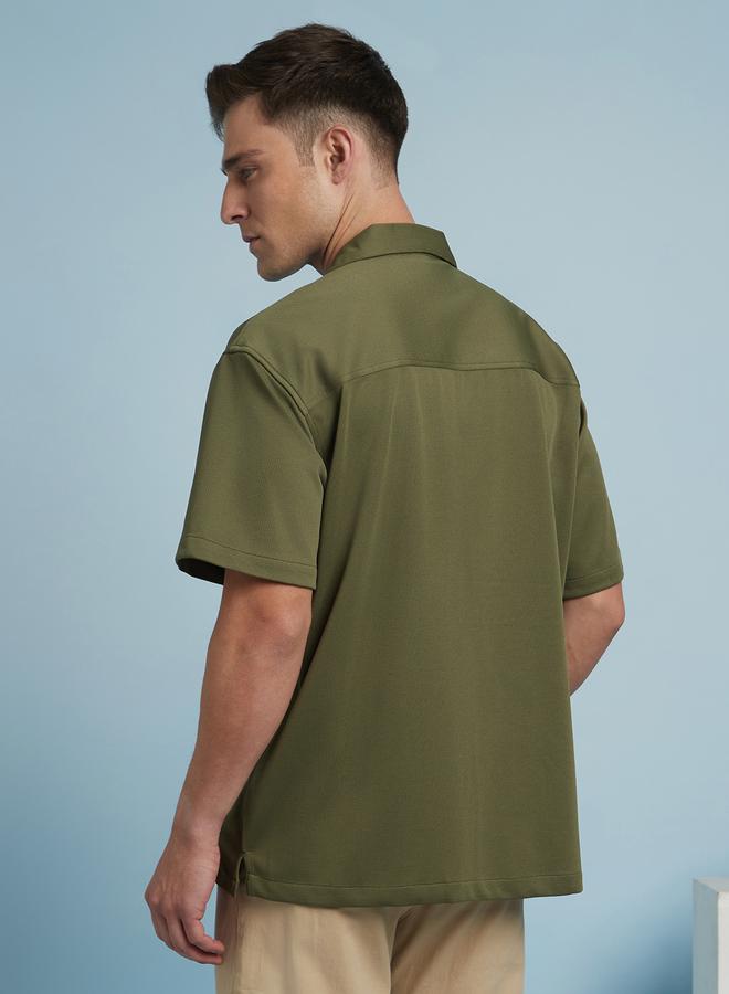 Dennis Lingo Men's Olive 100% Polyester Textured Button Down Relaxed Shirt  - Image 3