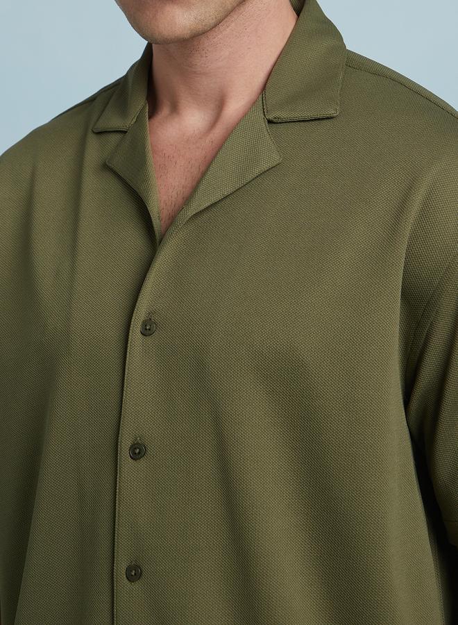 Dennis Lingo Men's Olive 100% Polyester Textured Button Down Relaxed Shirt  - Image 5