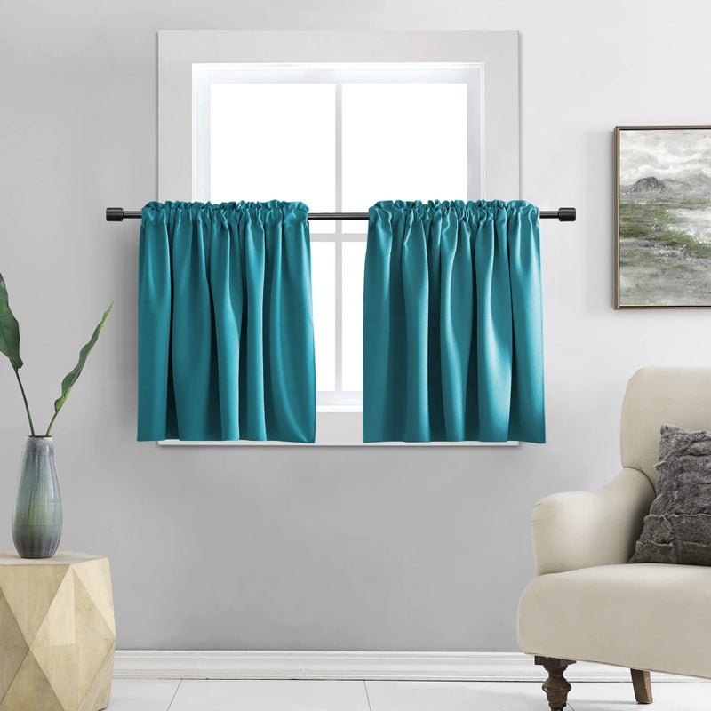 DONREN Teal Blackout Half Curtains for Small Windows  Curtain Tiers for Cafe with Rod Pocket 42 x 36 Inch Length2 Panels