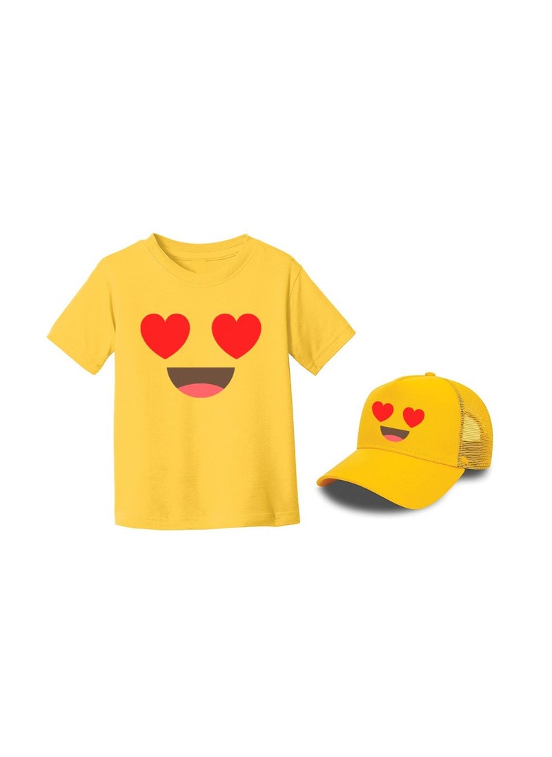 PRINTSHOP4ME - Kids Yellow Smiley Face Pack Of 2 T-Shirt And Cap Combo–Unisex Round Neck Short Sleeve Cotton T-Shirt - Image 1