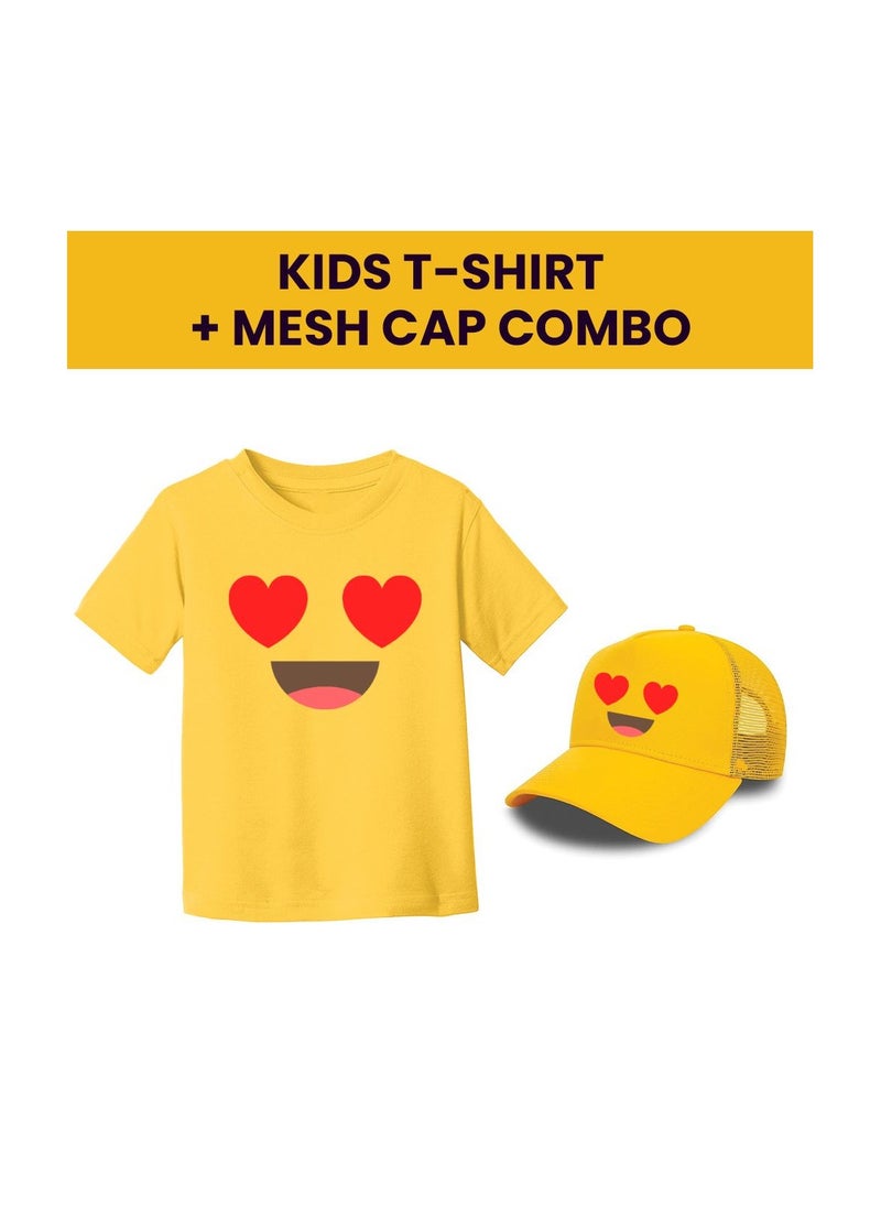 PRINTSHOP4ME - Kids Yellow Smiley Face Pack Of 2 T-Shirt And Cap Combo–Unisex Round Neck Short Sleeve Cotton T-Shirt - Image 1