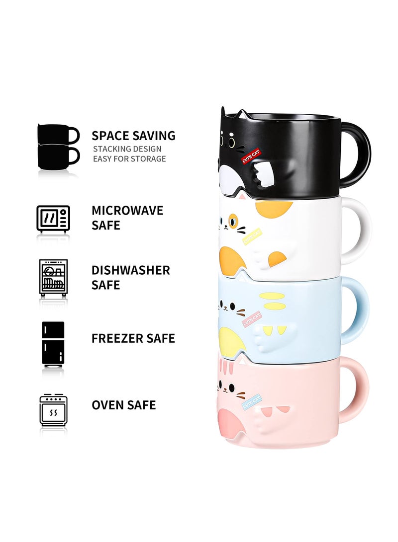 Excefore مجموعة أكواب قطط، أكواب قهوة خزفية قابلة للتكديس لطيفة، هدايا لعشاق القطط، أكواب قهوة مضحكة بتصاميم قطط كرتونية سعة 10 أونصات للحفلات، مجموعة من 4 - Image 3