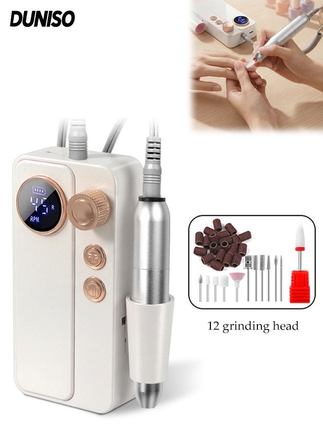 DUNISO Professional Nail Drill Electric File,Rechargeable Nail Drill Machine,Portable Nail Drill Machine with 12 Drill Bits,Adjustable Speed Manicure Machine,Suitable for Acrylic Gel Nails,Salon and Home Use(White) - Image 1