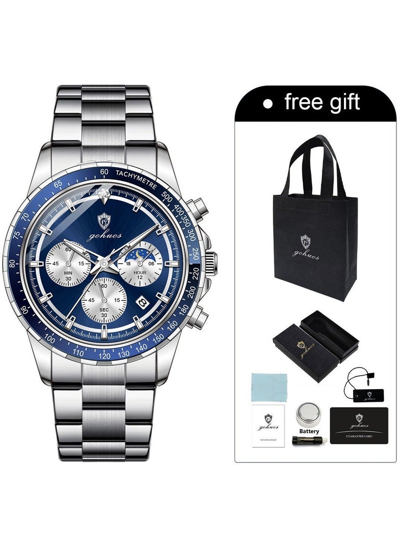 GOHUOS Men's Luxury Quartz Watch - Top Brand Luxury Waterproof Multifunctional Business Analog Wrist Watch with Stainless Steel Band - 44mm -  Father or Boyfriend Gift - Image 2