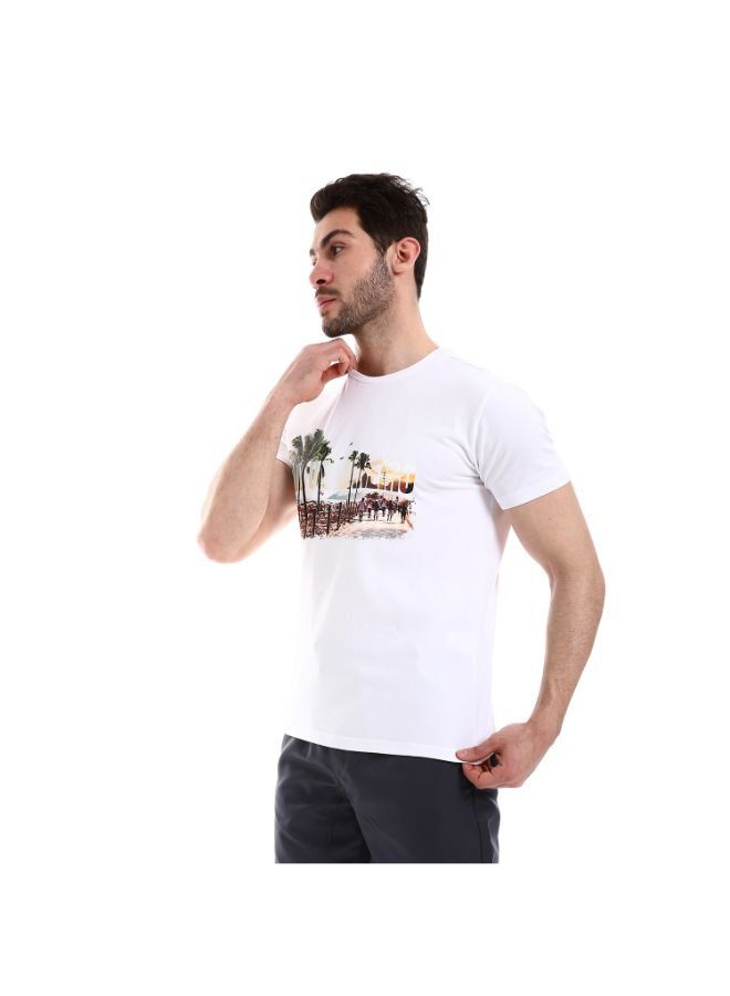 Pavone Self Patterned Round Neck Short Sleeves White T-Shirt  - Image 1