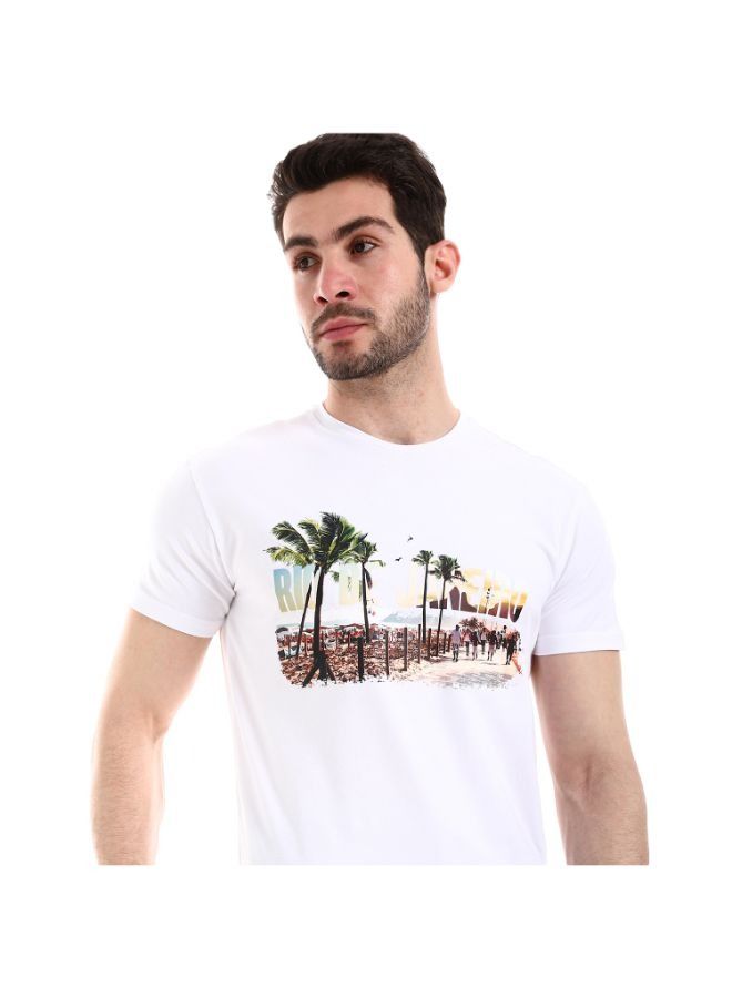 Pavone Self Patterned Round Neck Short Sleeves White T-Shirt  - Image 4