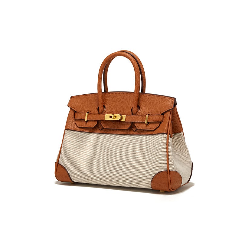 2025 Winter New Women'S Bag Niche Design Leather And Canvas Color-Block Birkin Bag Handbag Shoulder Crossbody Bag - Image 3