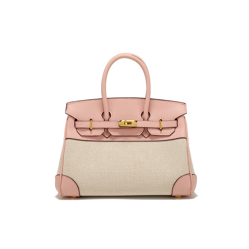 2025 Winter New Women'S Bag Niche Design Leather And Canvas Color-Block Birkin Bag Handbag Shoulder Crossbody Bag - Image 1