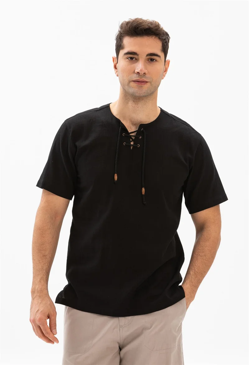 اليش شيل بيزي Kısa Kol Şile Bezi Zımbalı Erkek Tshirt Siyah 3003