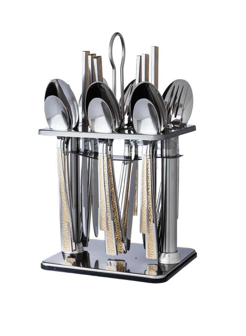 WD 24 Pieces Stainless Steel Dining Spoon Set With Stand  Silver And Gold - Image 1
