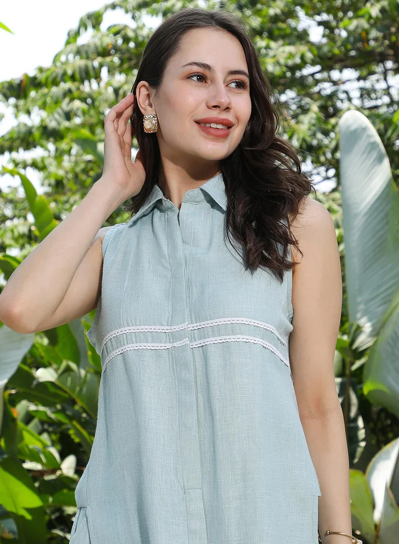  قصة Women's Powder Blue Lined Linen-Blend Kurta Set