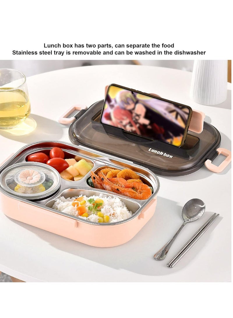 4 Grid Portable Bento Box Lunch Box with Spoons and Chopsticks(Pink) - Image 1
