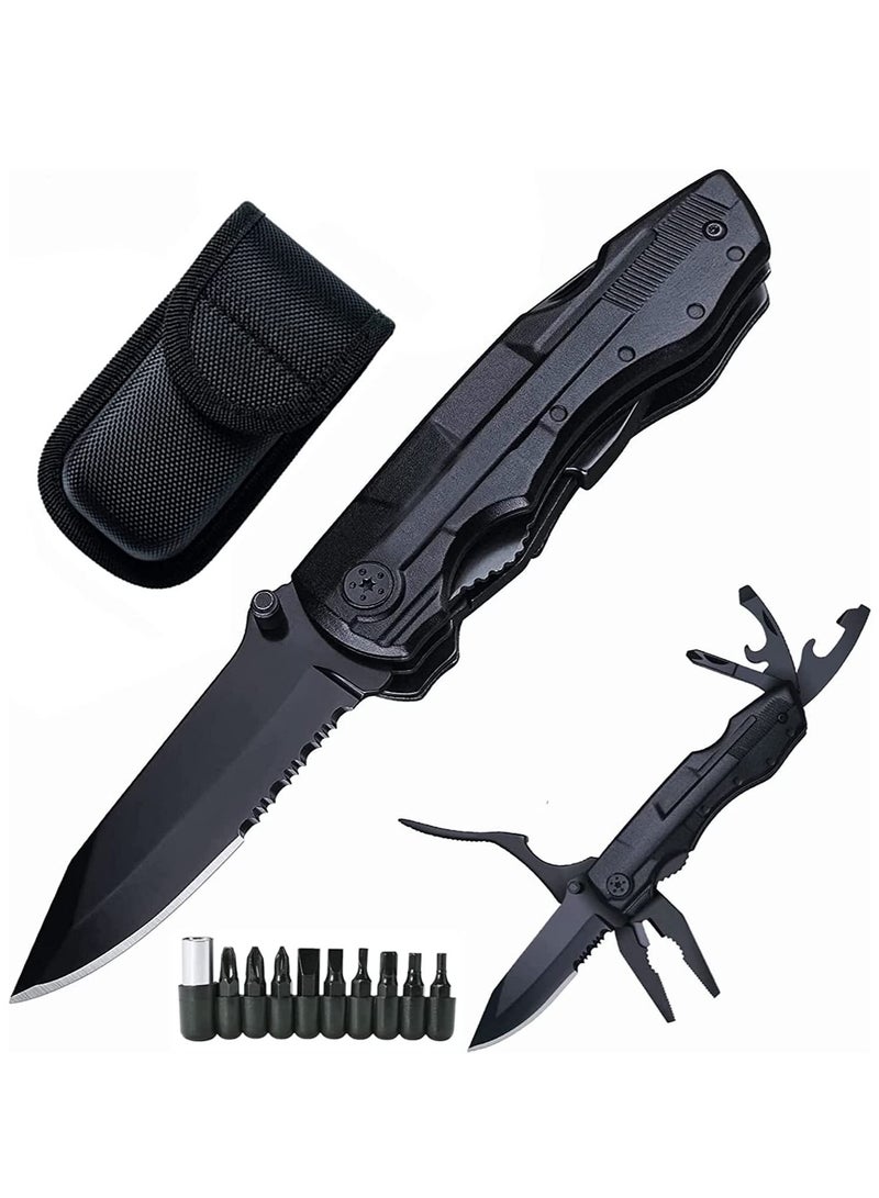 Furtey Stainless Steel Multitool  Multi Tool Pliers Folding Pocket Knife with 9PCS screwdrive bits Durable Nylon Sheath Safety Locking Design for Outdoor Camping Fishing Survival Hiking - Image 1