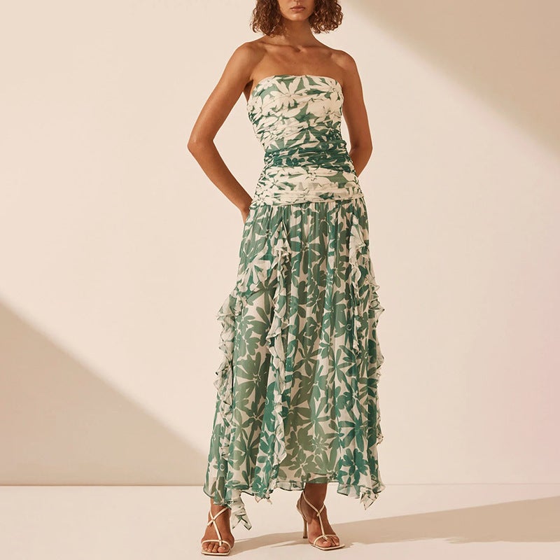 European and American New Style Printed Tube-length Dress Elegant Design Pleated Long Chiffon dress Womens Evening Dress Green