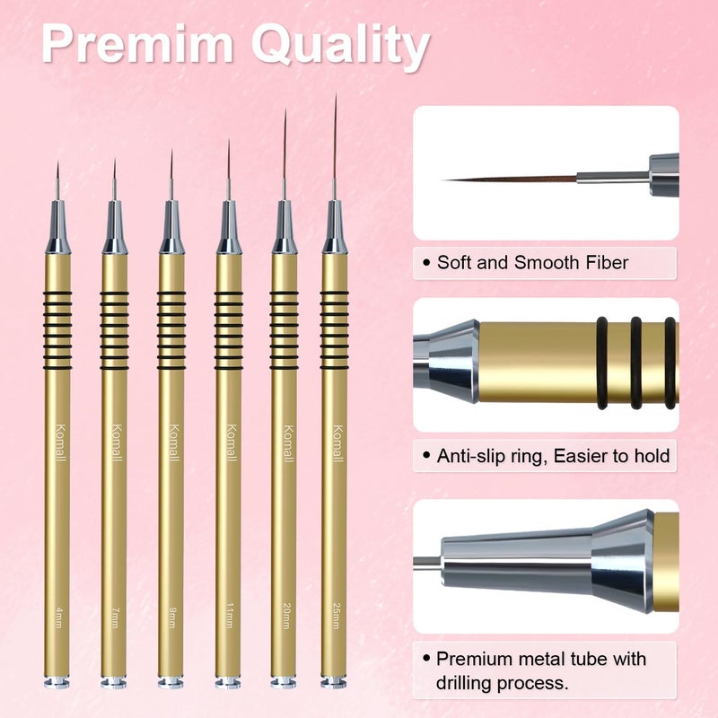 Komall Metallic Nail Art Brushes, 6Pcs Non Slip Liner Brush Set, UV Gel Polish Painting Art Design Pen for Long Lines, Thin Details, Fine Drawing Sizes 5/7/9/11/20/25mm(Gold) - Image 5