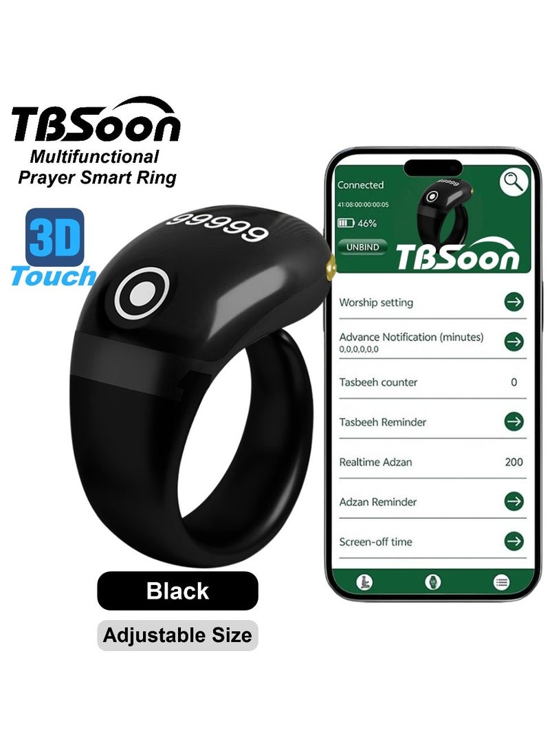 تي بي سون خاتم تسبيح ذكي خفيف الوزن، عداد تسبيح، دليل مؤشر اتجاه الصلاة، ساعة منبه 5 أذان، شاشة كبيرة، بطارية كبيرة، مغفرة، مسبحة إلكترونية، هدية عيد الفطر وعيد الأضحى في رمضان، للرجال والنساء، مع تطبيق الهاتف الذكي - أسود برو - Image 1