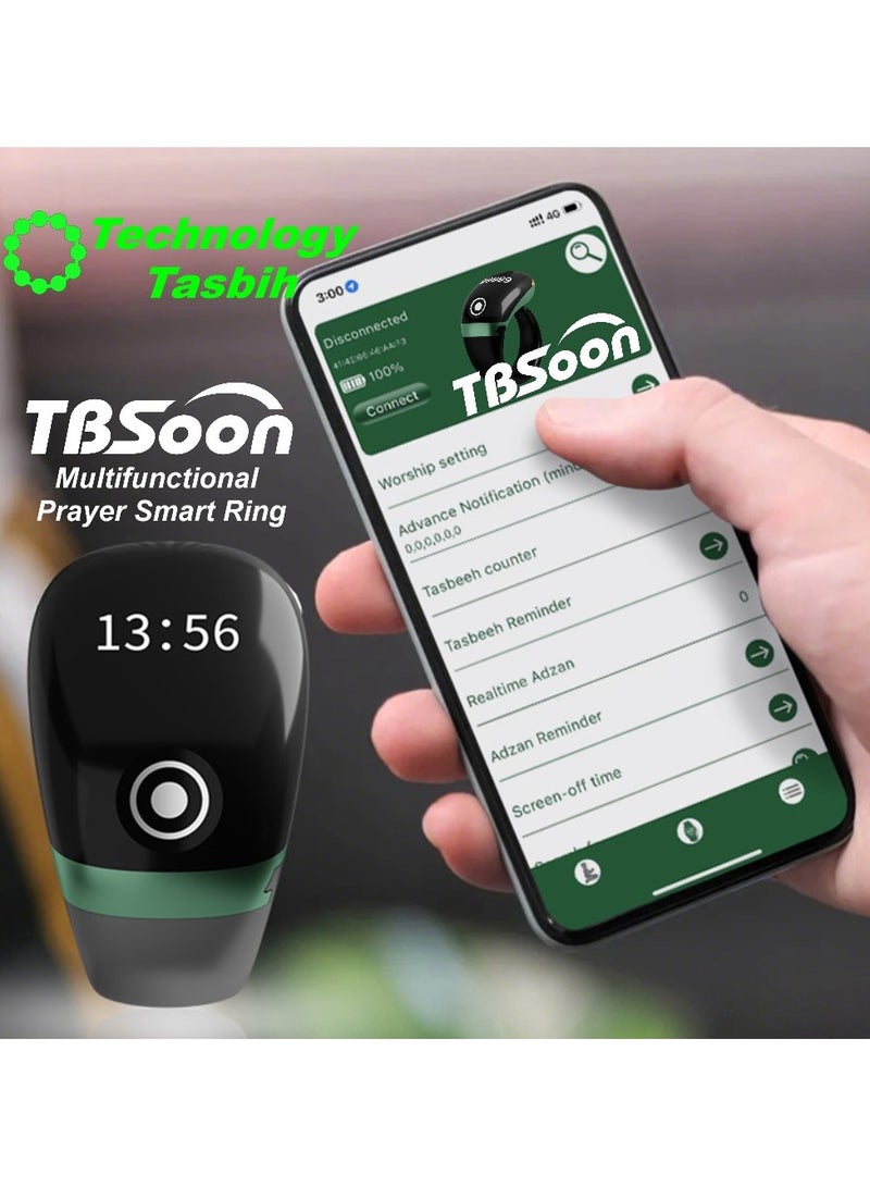 تي بي سون خاتم تسبيح ذكي خفيف الوزن، عداد تسبيح، دليل مؤشر اتجاه الصلاة، ساعة منبه 5 أذان، شاشة كبيرة، بطارية كبيرة، مغفرة، مسبحة إلكترونية، هدية عيد الفطر وعيد الأضحى في رمضان، للرجال والنساء، مع تطبيق الهاتف الذكي - أسود برو - Image 2