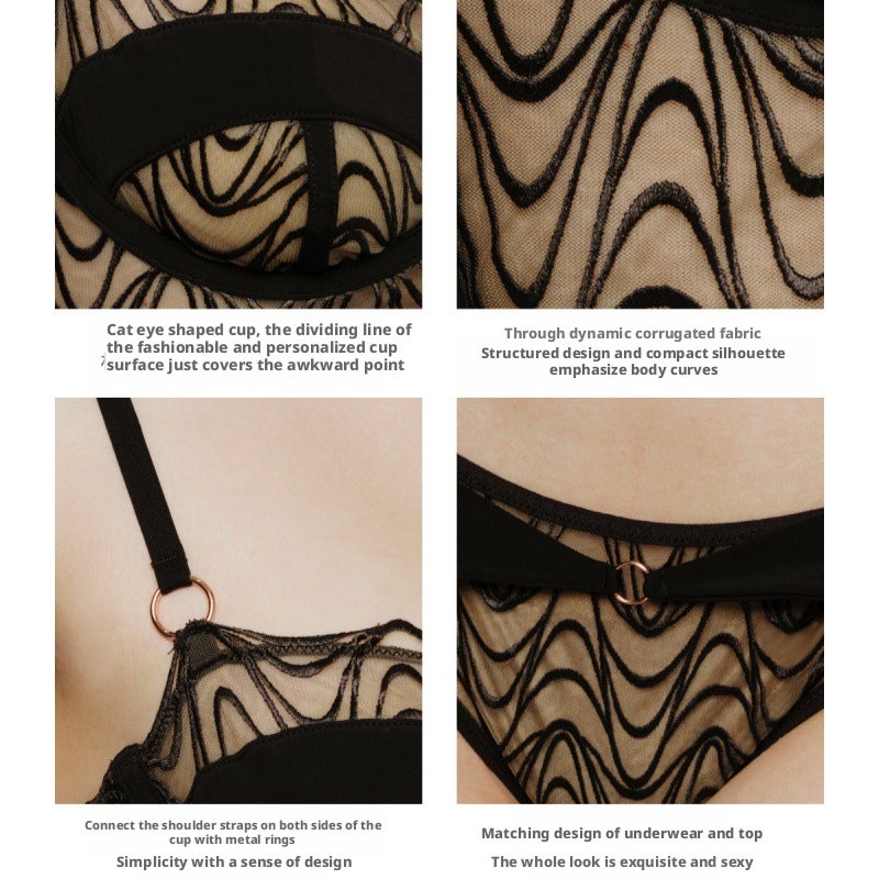 Large Bust Minimizing Lace Embroidery Mesh Cat Eye Cup Short Boning Bra Set - Image 5