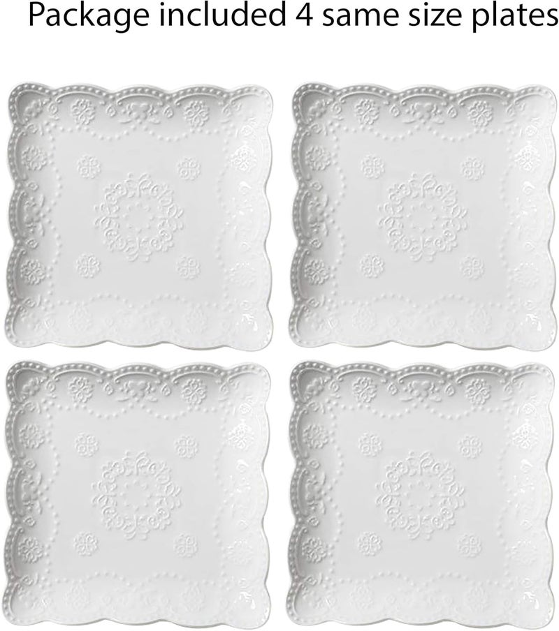 Jusalpha Set of 4Square Embossed Lace Ceramic PlateDinner Plate Set PastaSaladDessert Plate Dishwasher MicrowaveTableware Set for Restaurant Family Party Kitchen Use White 10 Inches - Image 4