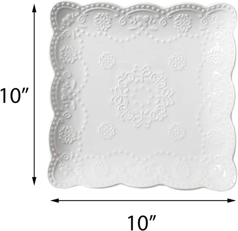 Jusalpha Set of 4Square Embossed Lace Ceramic PlateDinner Plate Set PastaSaladDessert Plate Dishwasher MicrowaveTableware Set for Restaurant Family Party Kitchen Use White 10 Inches - Image 3