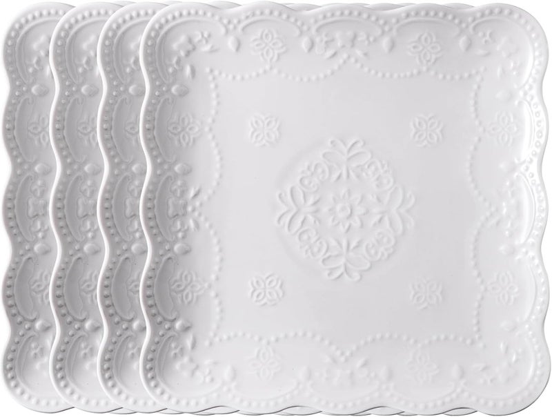 Jusalpha Set of 4Square Embossed Lace Ceramic PlateDinner Plate Set PastaSaladDessert Plate Dishwasher MicrowaveTableware Set for Restaurant Family Party Kitchen Use White 10 Inches - Image 1