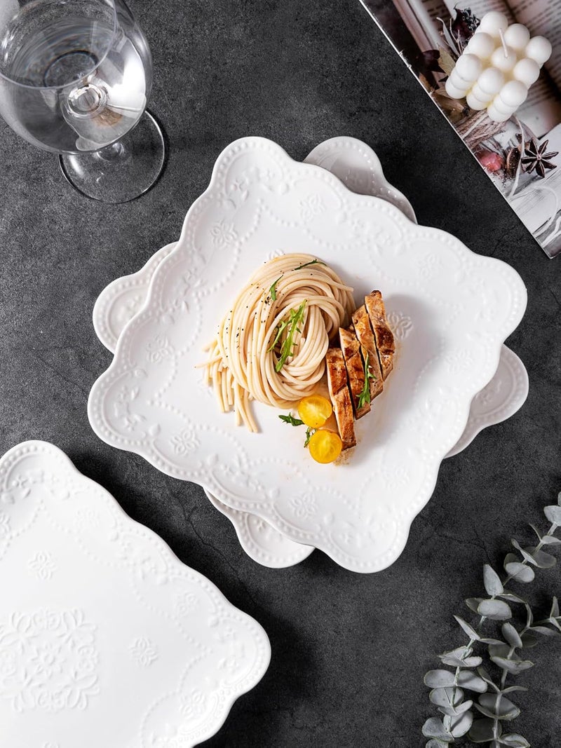 Jusalpha Set of 4Square Embossed Lace Ceramic PlateDinner Plate Set PastaSaladDessert Plate Dishwasher MicrowaveTableware Set for Restaurant Family Party Kitchen Use White 10 Inches - Image 5