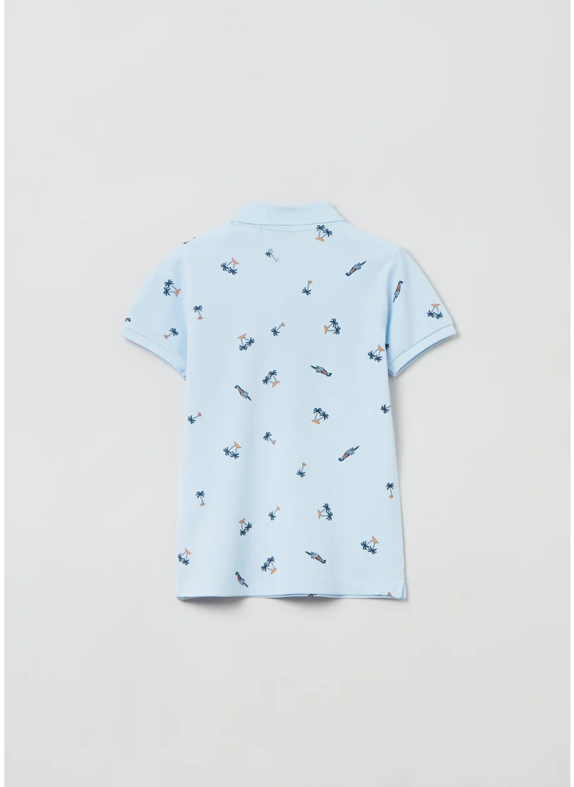 او في اس Piquet Polo Shirt With Palms And Aeroplanes Print