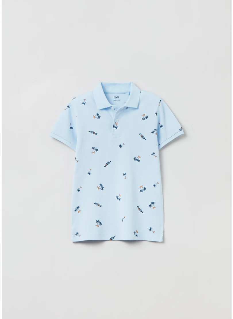 او في اس Piquet Polo Shirt With Palms And Aeroplanes Print