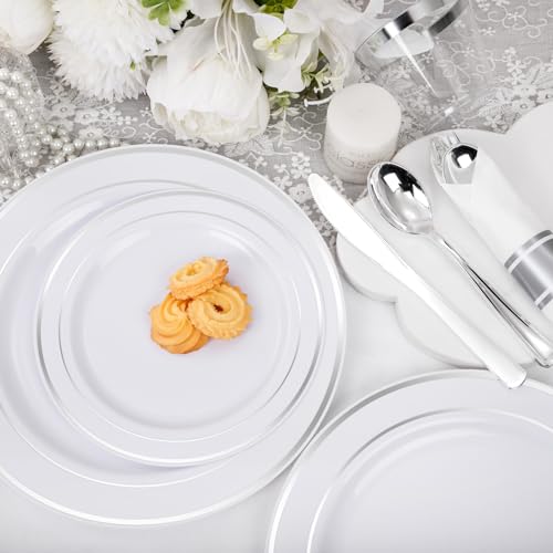 WELLIFE 210 Piece Silver Plastic Dinnerware Set for 30 Guests, Plastic Plates for Party, Include: 30 Dinner Plates, 30 Dessert Plates, 30 Pre Rolled Napkins with Silver Silverware and 30 Silver Cups - Image 4