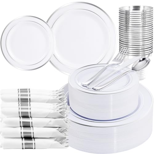 WELLIFE 210 Piece Silver Plastic Dinnerware Set for 30 Guests, Plastic Plates for Party, Include: 30 Dinner Plates, 30 Dessert Plates, 30 Pre Rolled Napkins with Silver Silverware and 30 Silver Cups - Image 1