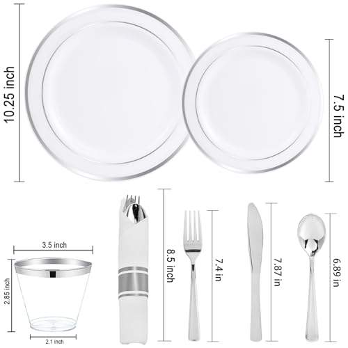 WELLIFE 210 Piece Silver Plastic Dinnerware Set for 30 Guests, Plastic Plates for Party, Include: 30 Dinner Plates, 30 Dessert Plates, 30 Pre Rolled Napkins with Silver Silverware and 30 Silver Cups - Image 2