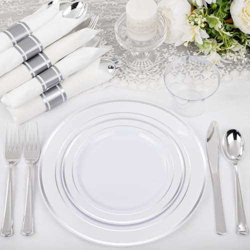 WELLIFE 210 Piece Silver Plastic Dinnerware Set for 30 Guests, Plastic Plates for Party, Include: 30 Dinner Plates, 30 Dessert Plates, 30 Pre Rolled Napkins with Silver Silverware and 30 Silver Cups - Image 5
