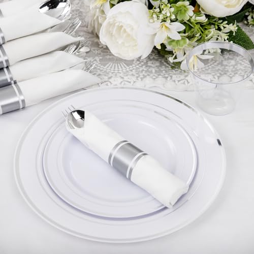 WELLIFE 210 Piece Silver Plastic Dinnerware Set for 30 Guests, Plastic Plates for Party, Include: 30 Dinner Plates, 30 Dessert Plates, 30 Pre Rolled Napkins with Silver Silverware and 30 Silver Cups - Image 3