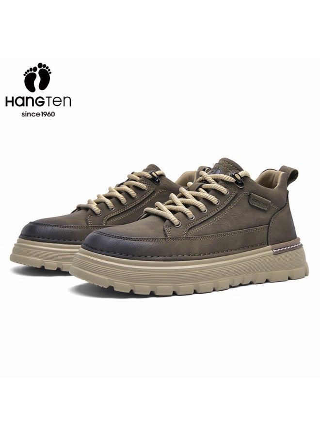 Hang Ten Men's Work Shoes Spring New Casual Low-top Outdoor Leather Shoes Thick Sole Height Increasing Martin Boots - Image 5