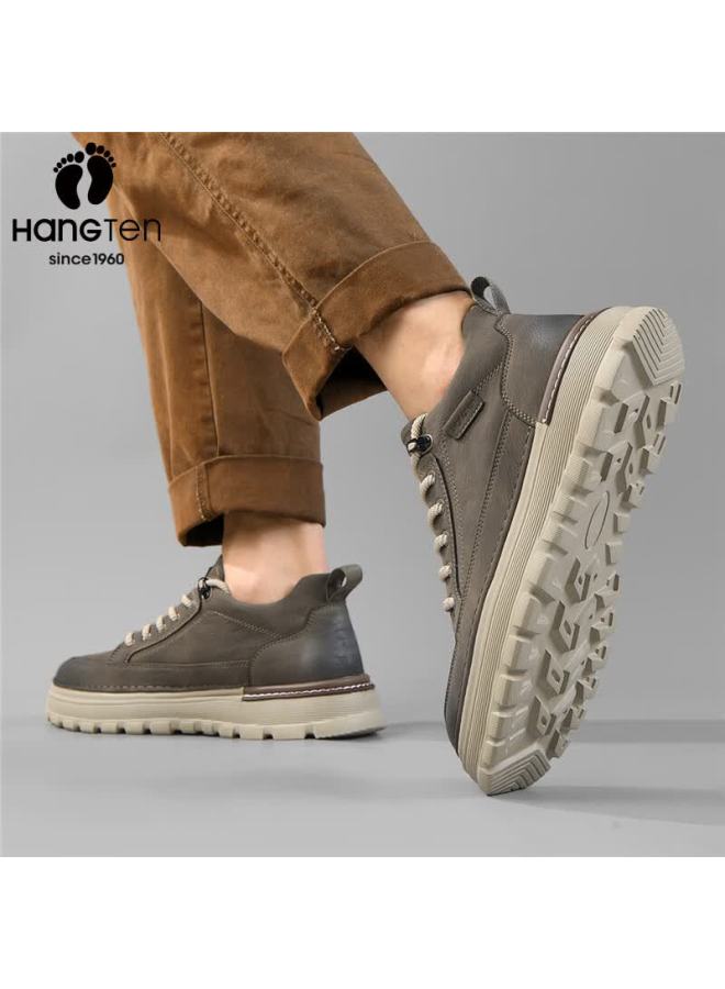 Hang Ten Men's Work Shoes Spring New Casual Low-top Outdoor Leather Shoes Thick Sole Height Increasing Martin Boots - Image 4