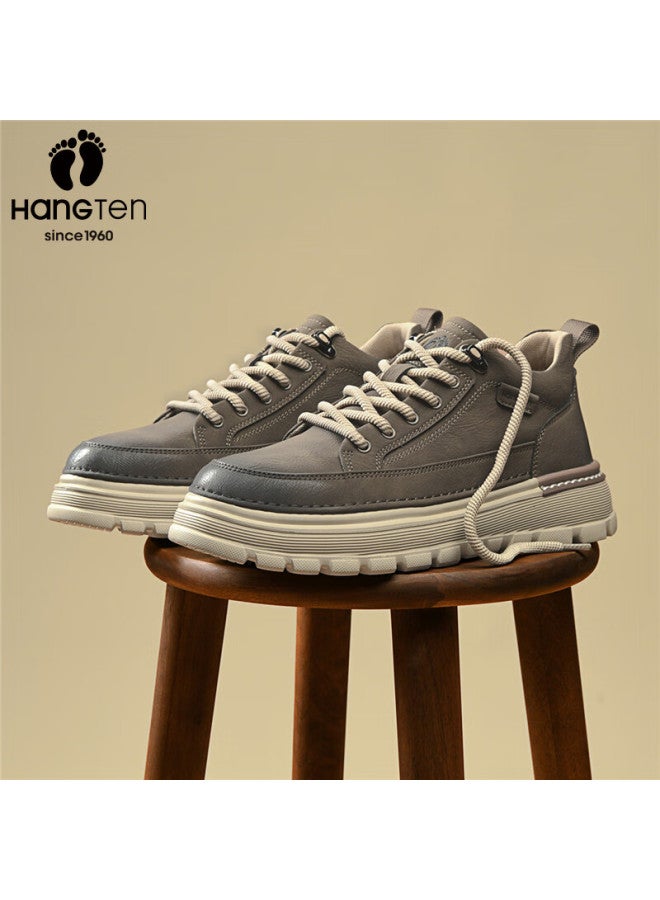 Hang Ten Men's Work Shoes Spring New Casual Low-top Outdoor Leather Shoes Thick Sole Height Increasing Martin Boots - Image 1