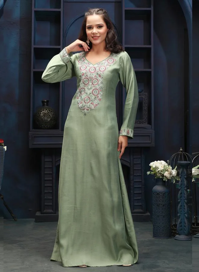 Maxim Creation  Green Embroidery Handwork V Neck Jalabiya for Women | Best Price UAE