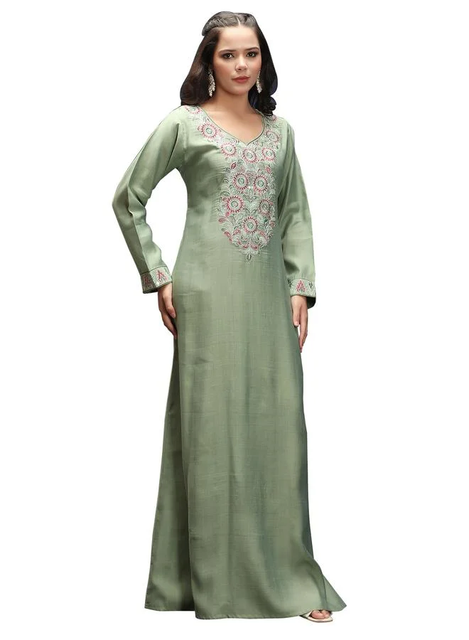 Maxim Creation  Green Embroidery Handwork V Neck Jalabiya for Women | Best Price UAE