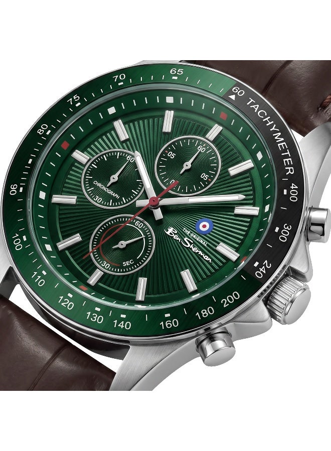 Ben Sherman Winchester Green Dial Brown Genuine Leather Strap Chronograph Watch for Men, 43.2mm - Image 2